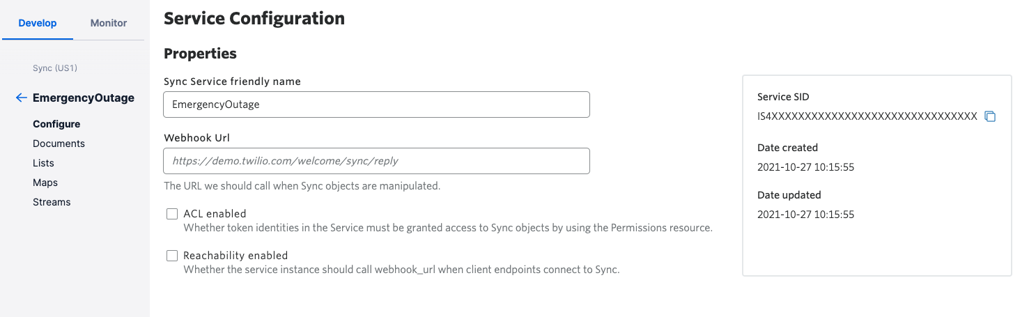An image of the sync services SID display in the Twilio Console