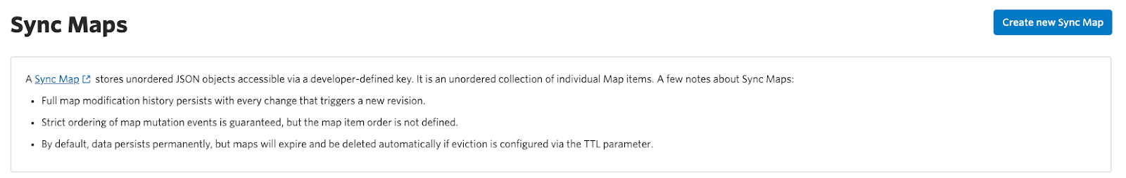 An image of how to create a new sync map in the Twilio Console