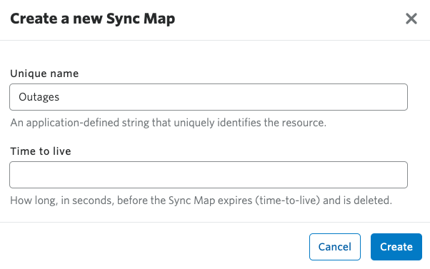 An image of how to name a new sync map in the Twilio Console