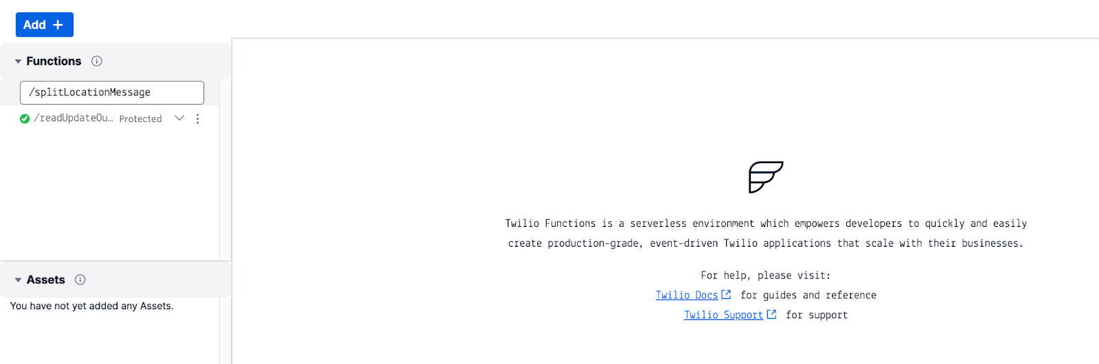 An image of adding a function path called splitLocationMessage