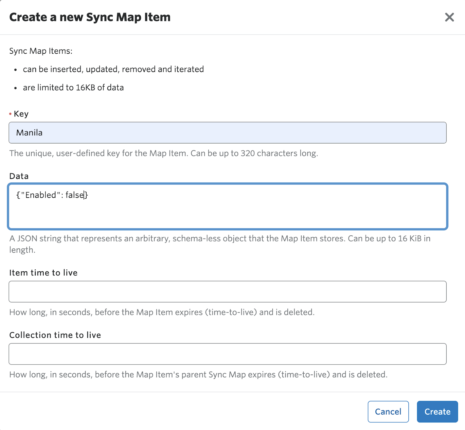An image of the creating a new sync map item, with a focus on setting the data field as {"Enabled": false}