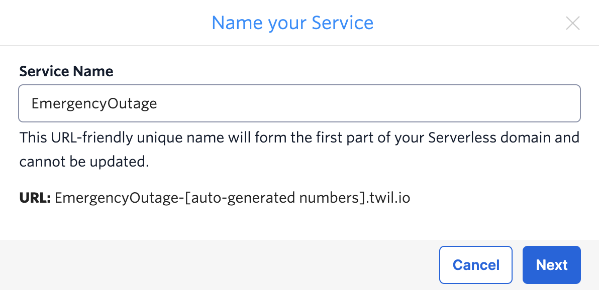 NaAn image of the "Name your service" portion of the Twilio Console. me your Service screenshot