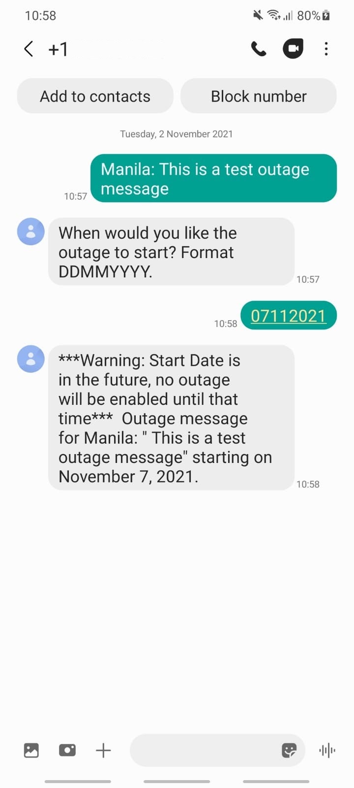 An image of the SMS conversation initiated by the allowed number