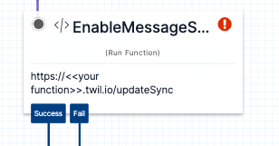 An image showing an exception (red exclamation point) on the EnableMessageSync block