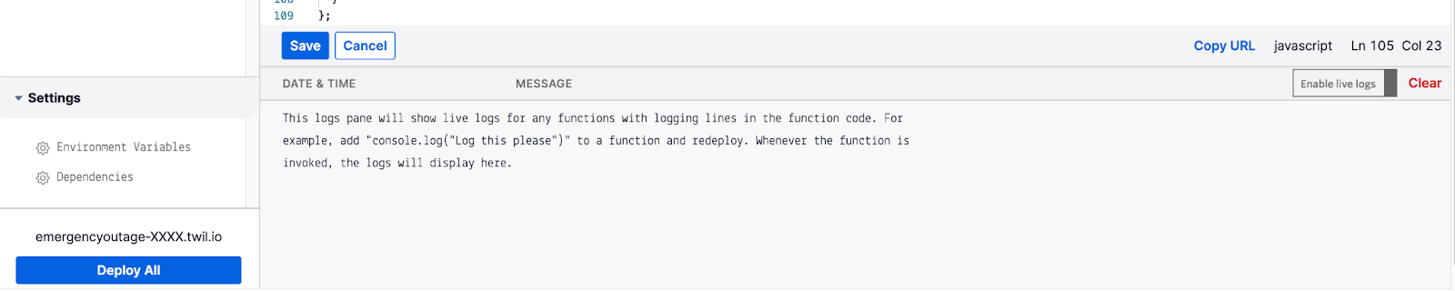 An image showing how to click Deploy All after adding a path to the Function