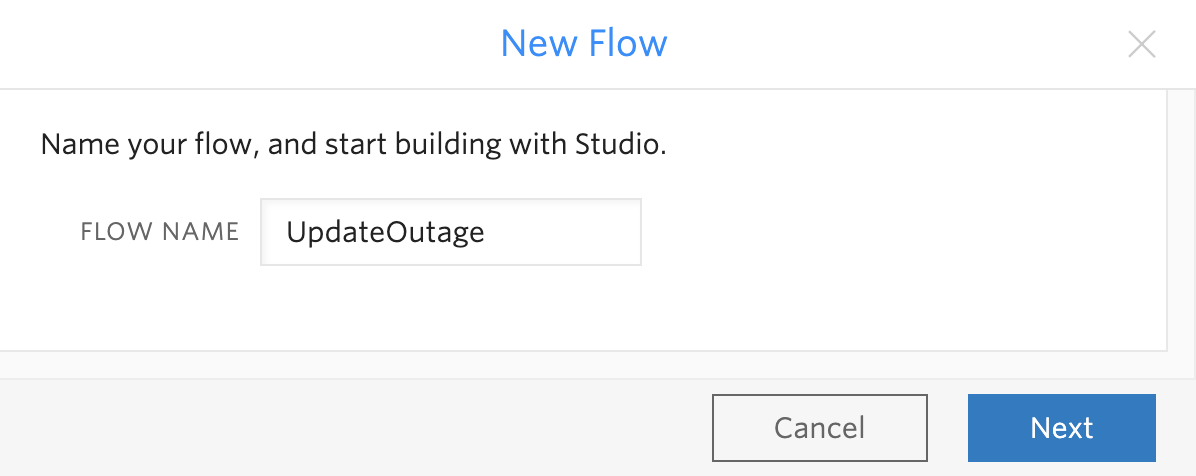A screenshot of naming a new flow. In this case the name is UpdateOutage