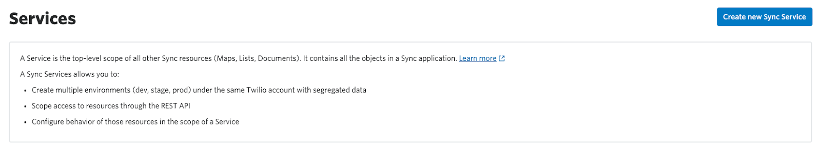 An image of how to create a new sync service in the Twilio Console