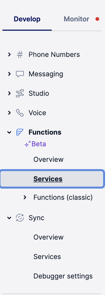 A screenshot of the Navigation Pane, with a focus on selecting Services under the Functions headline.