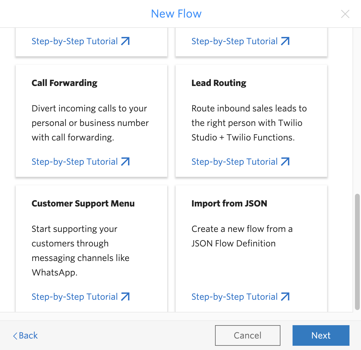 An image of the options that Twilio Studio provides for creating a flow including "Import from JSON"