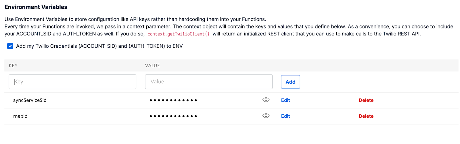 An image showing how to create an environment variable for the function. Here we are creating the mapId.