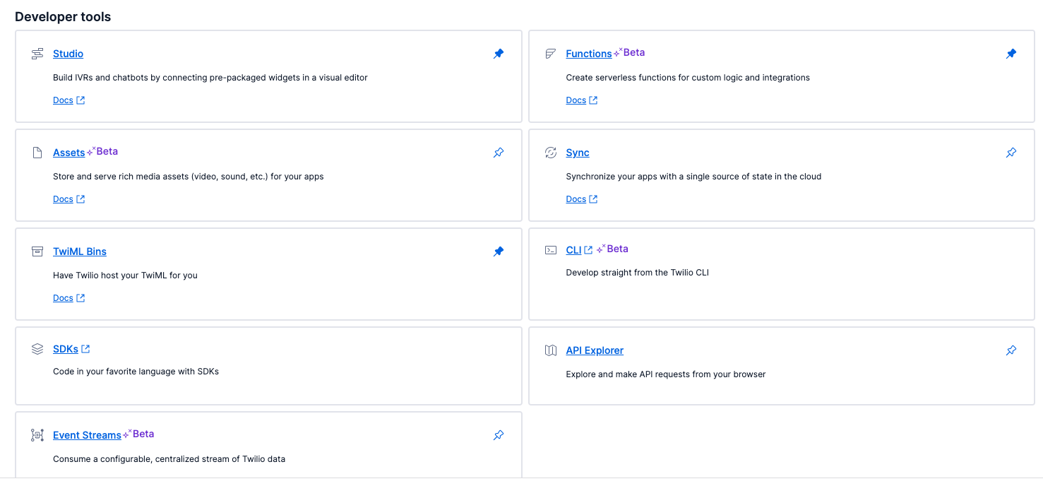 An image of the developers tools accessible through Twilio Console.