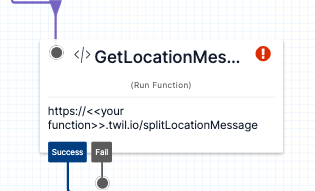 An image showing an exception (red exclamation point) on the GetLocationMessage block