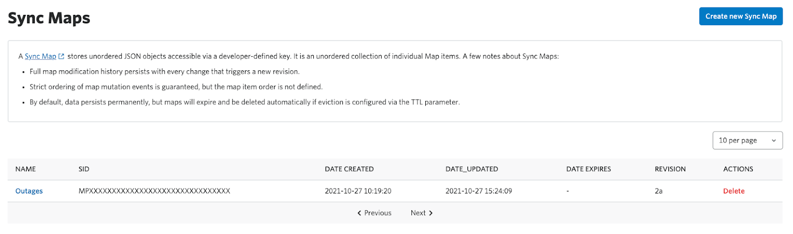 An image of how to see the SID of Sync Map in the Twilio Console