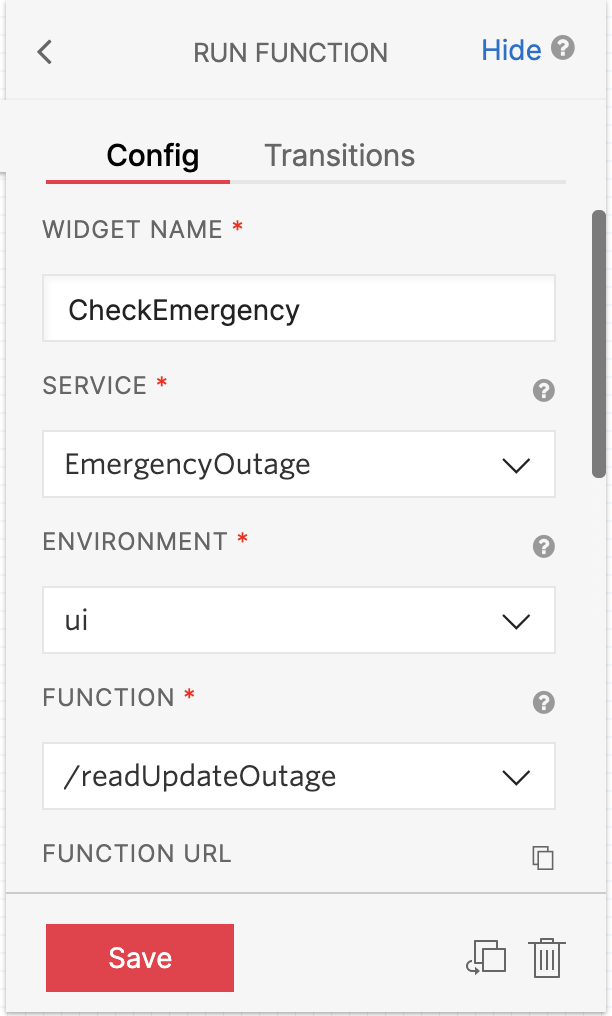 An image showing how to update the "Check Emergency" section of the flow with the readUpdateOutage function.