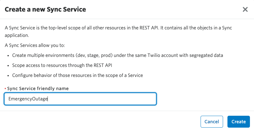 An image of how to create a name new sync service in the Twilio Console