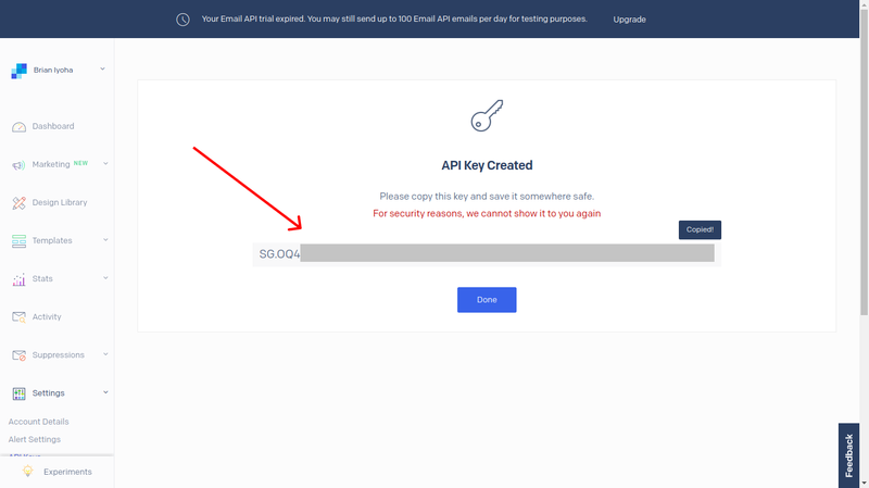 Copy a SendGrid API key