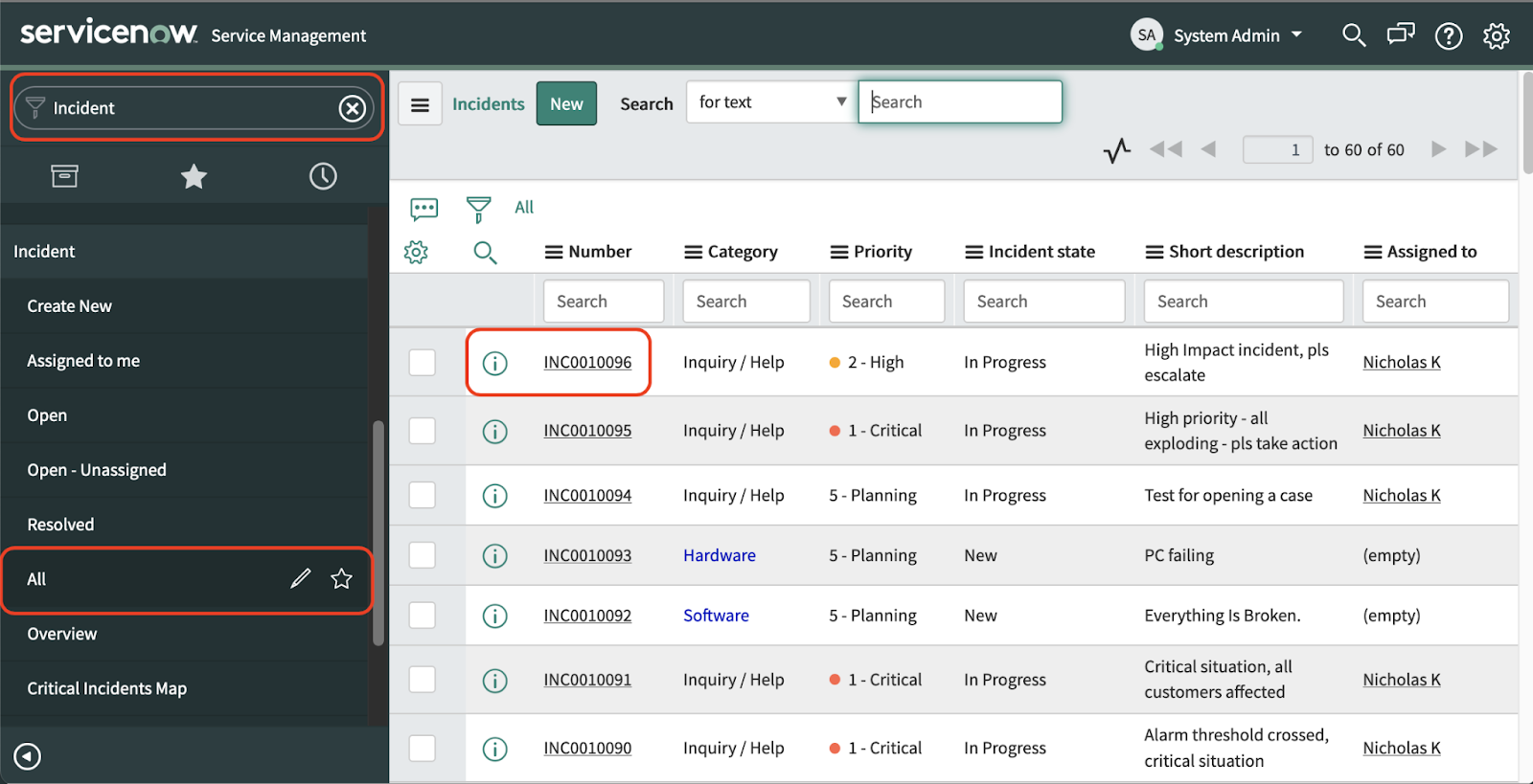 A screenshot of the Incidents section of the ServiceNow dashboard