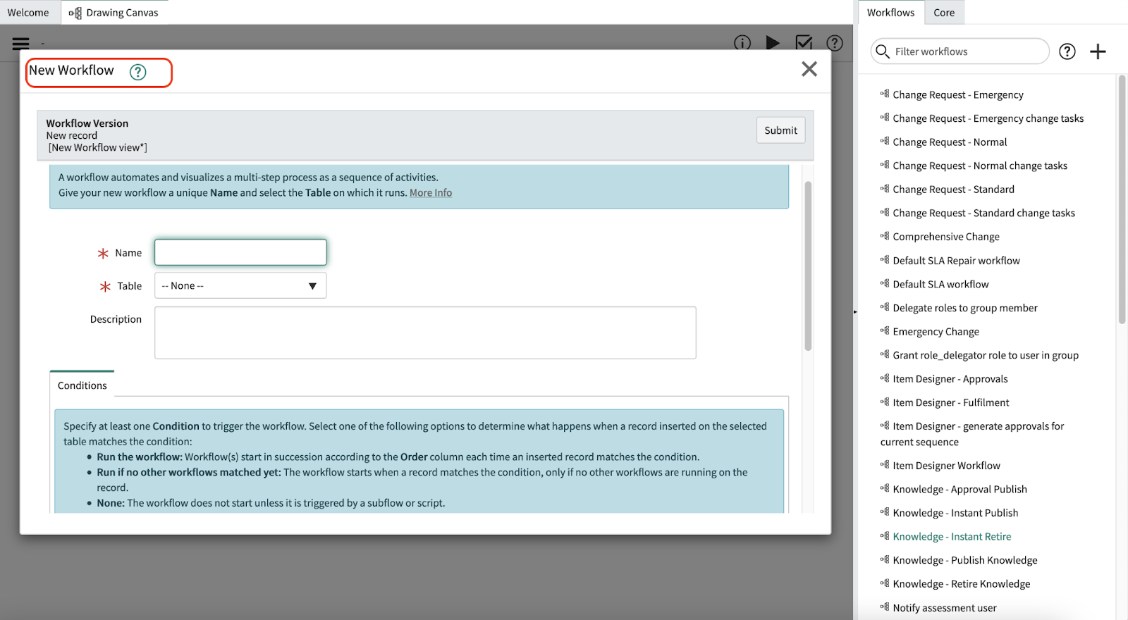 A screenshot of the New Workflow window that appears in the ServiceNow dashboard