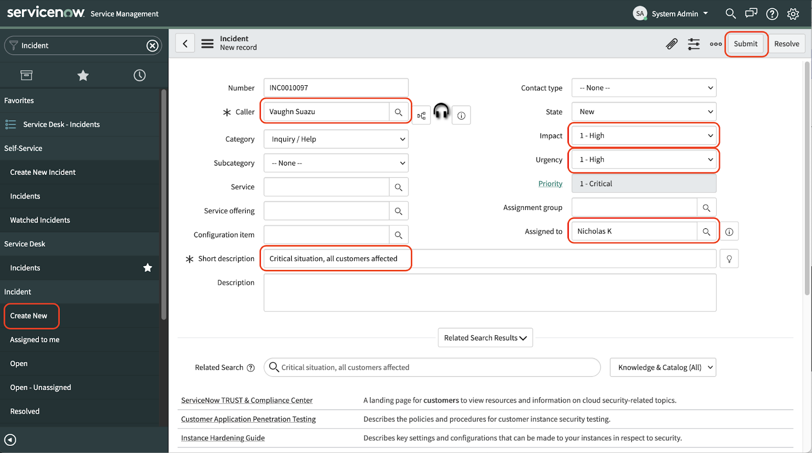 A screenshot of the Incident detail page in the ServiceNow dashboard