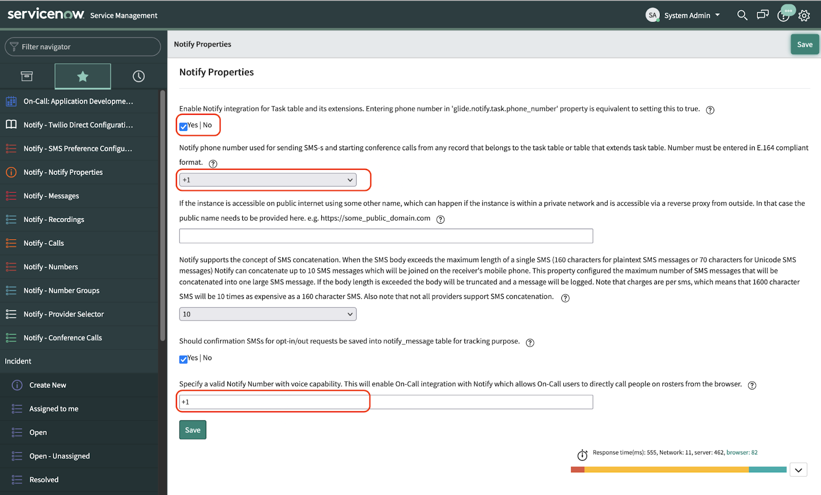 A screenshot of the Notify Properties section of the ServiceNow dashboard