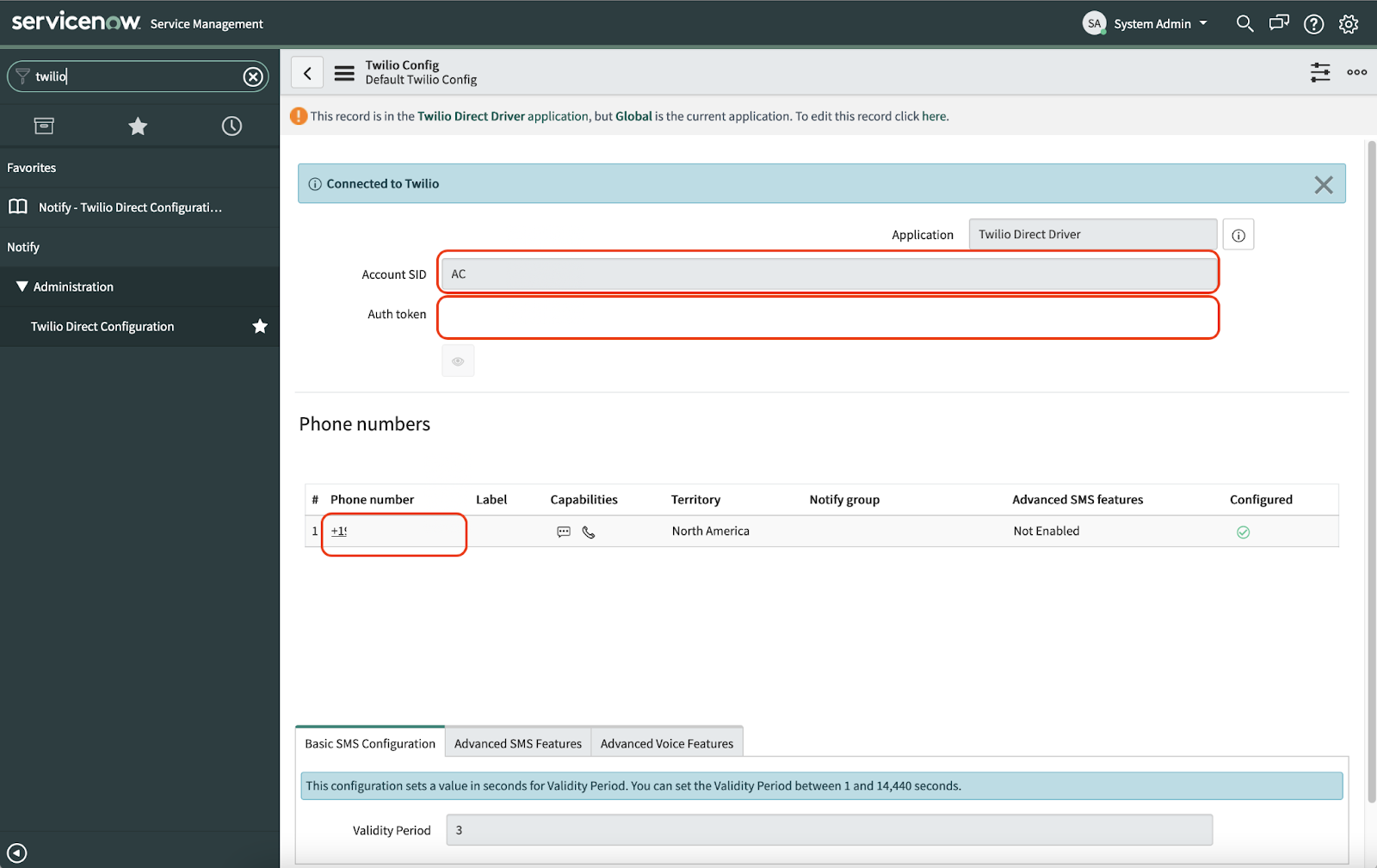 A screenshot of the Twilio configuration section of the ServiceNow dashboard