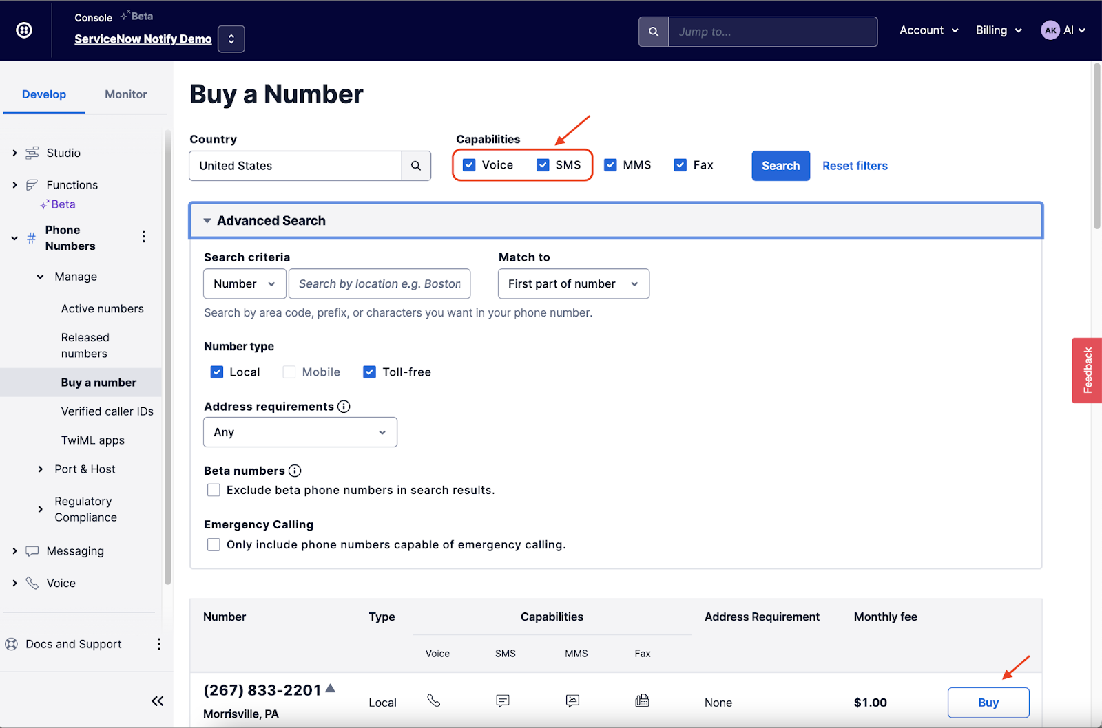 A screenshot of the Buy a Number section of the Twilio Console