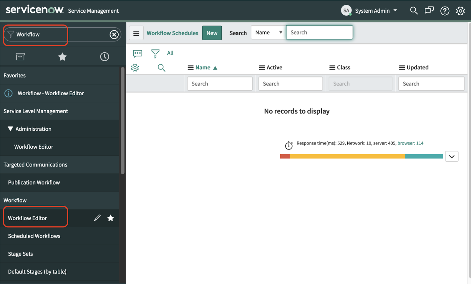 A screenshot of the Workflow Schedules section of the ServiceNow dashboard