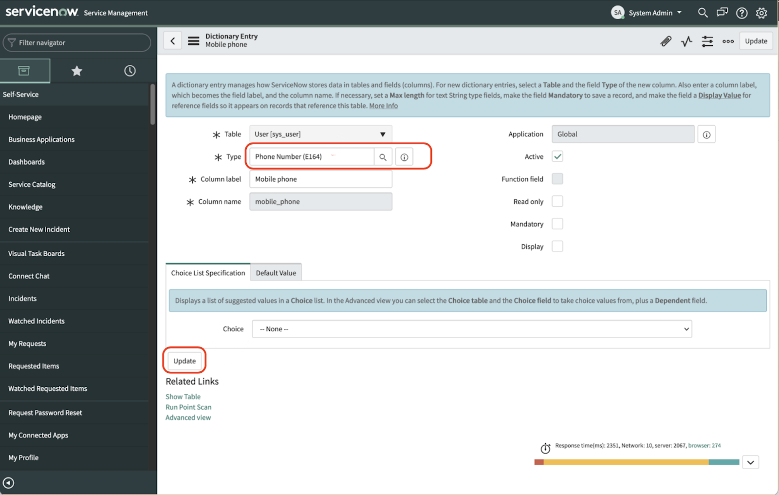 A screenshot showing the mobile phone section of the ServiceNow dashboard