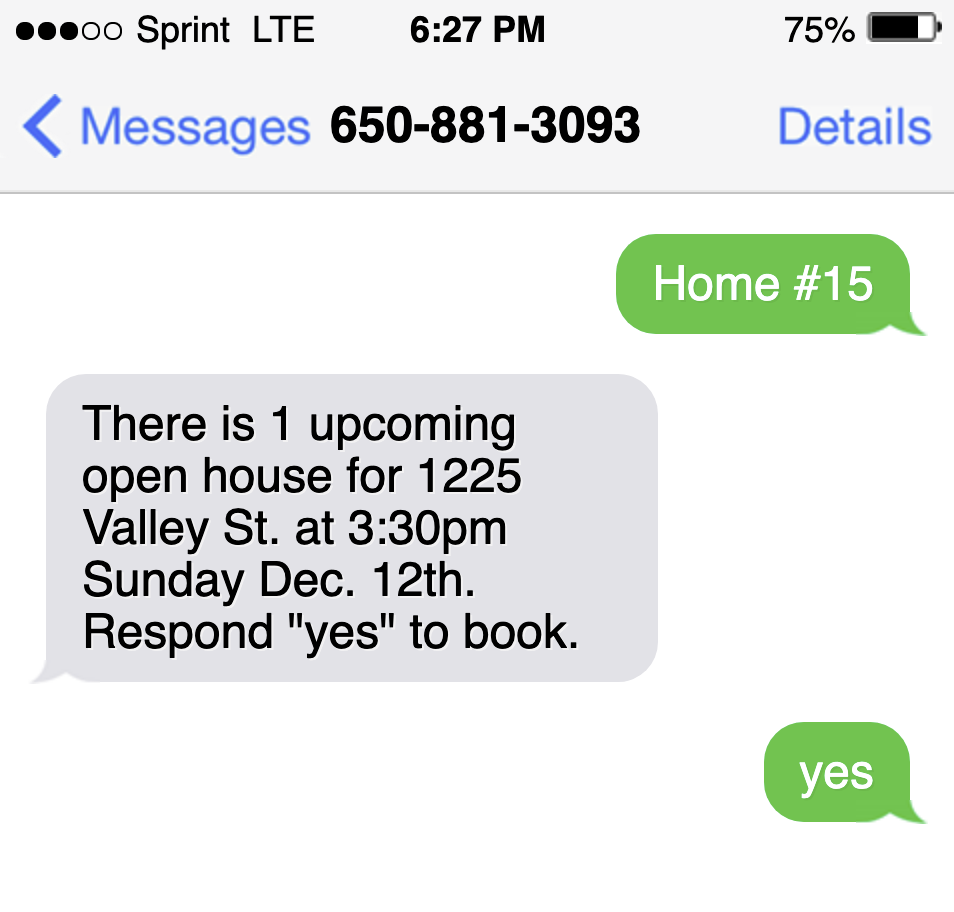 Screenshot of phone messaging app showing an automated conversation where the sender messages "Home #15" and receives a prompt to book an open house visit.