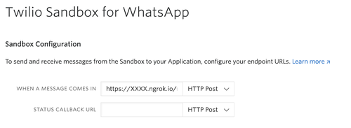 imagem da configuração da sandbox onde você deve colar o link do ngrok para quando uma mensagem for recebida