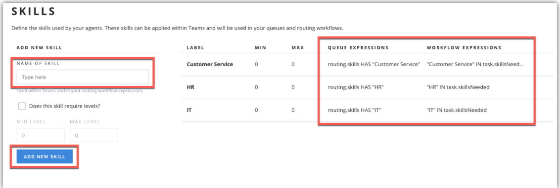 tela para adicionar as 3 skills com marcações nas áreas de nome, botão de adicionar e expressões da fila e do workflow