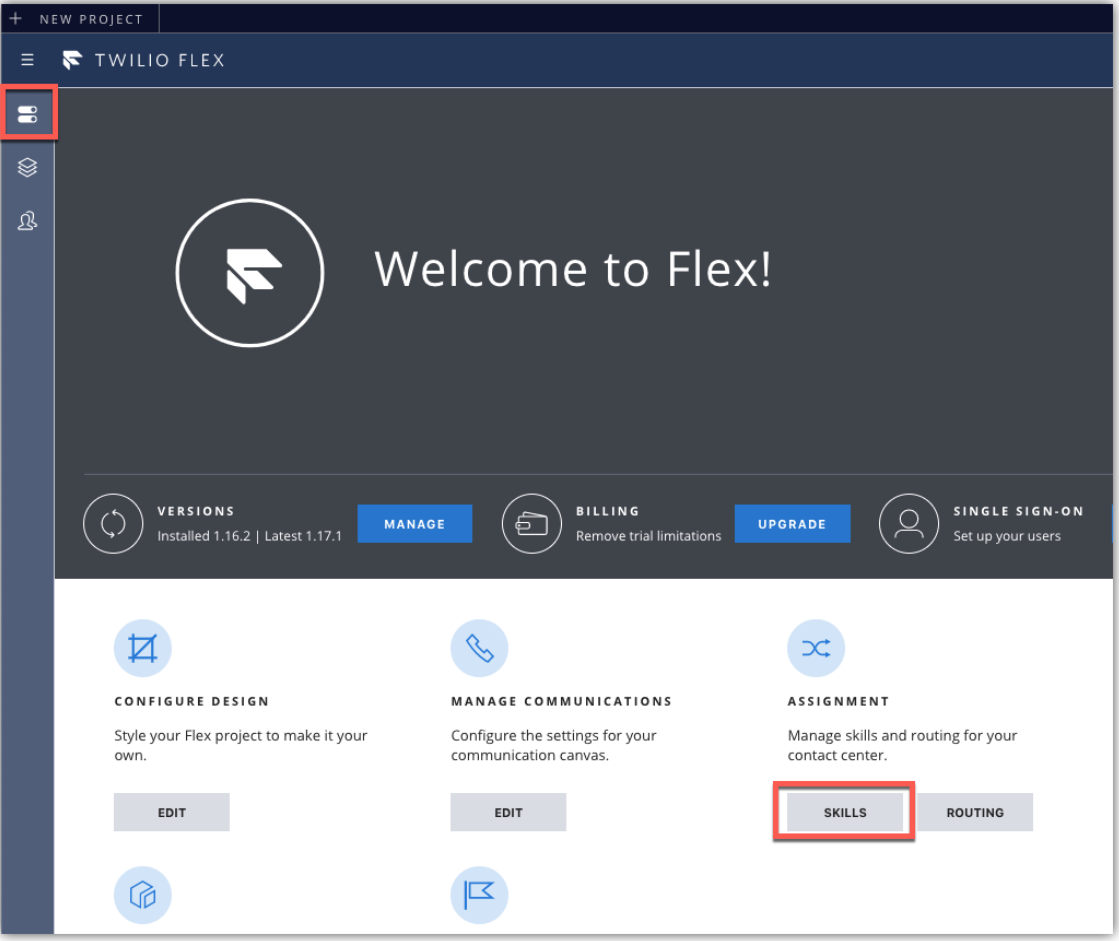 tela de administração do Flex marcada com o botão de configuração de skills