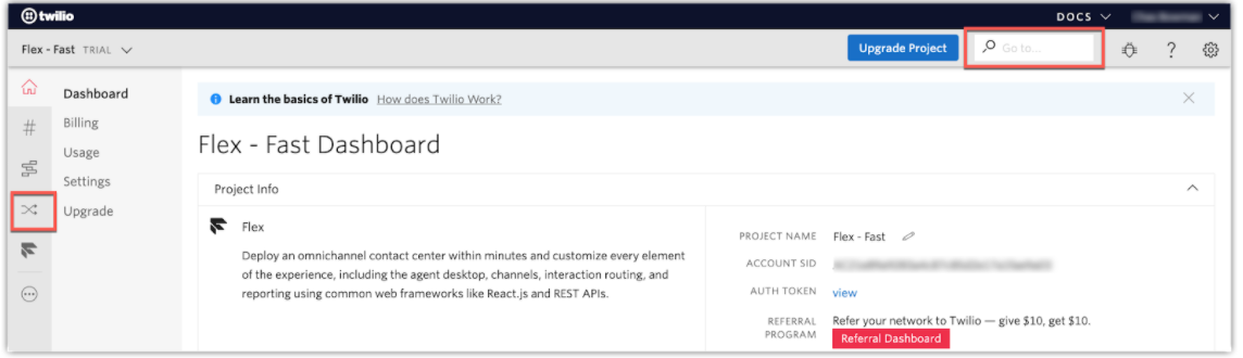 tela com o console da Twilio com marcação para busca e ícone do TaskRouter