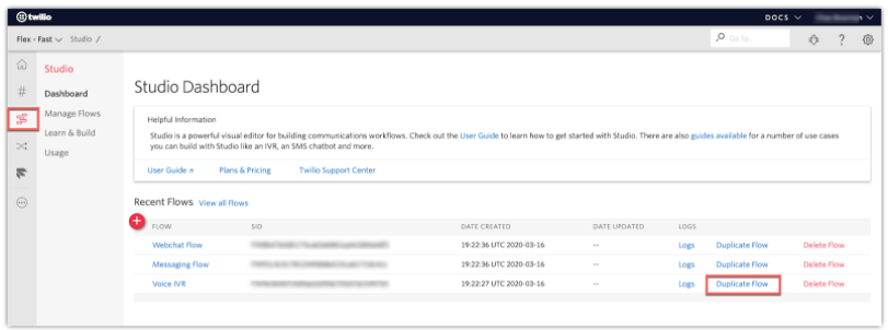 tela do painel de controle do Twilio Studio com a lista de fluxos criados e marcação do botão para duplicar um fluxo