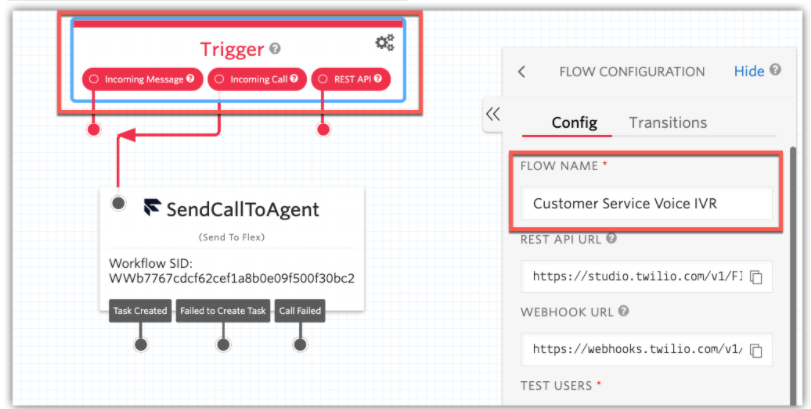 tela de detalha de um fluxo com marcação do Trigger e do nome do Fluxo que será utilizado nas configurações seguintes