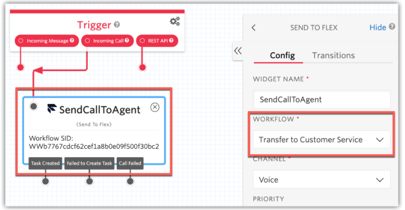 detalhe do fluxo com marcação do componente/widget para transferir para o Flex e caixa de seleção de qual Workflow será transferido