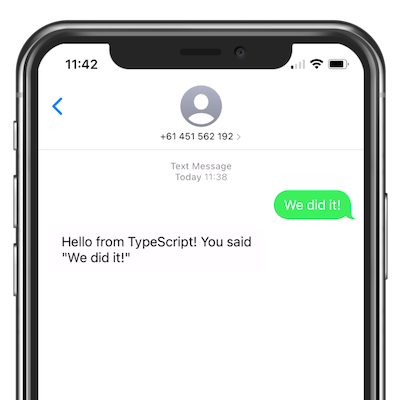 Uma visualização de um aplicativo de mensagens para iPhone, com uma resposta do aplicativo TypeScript.