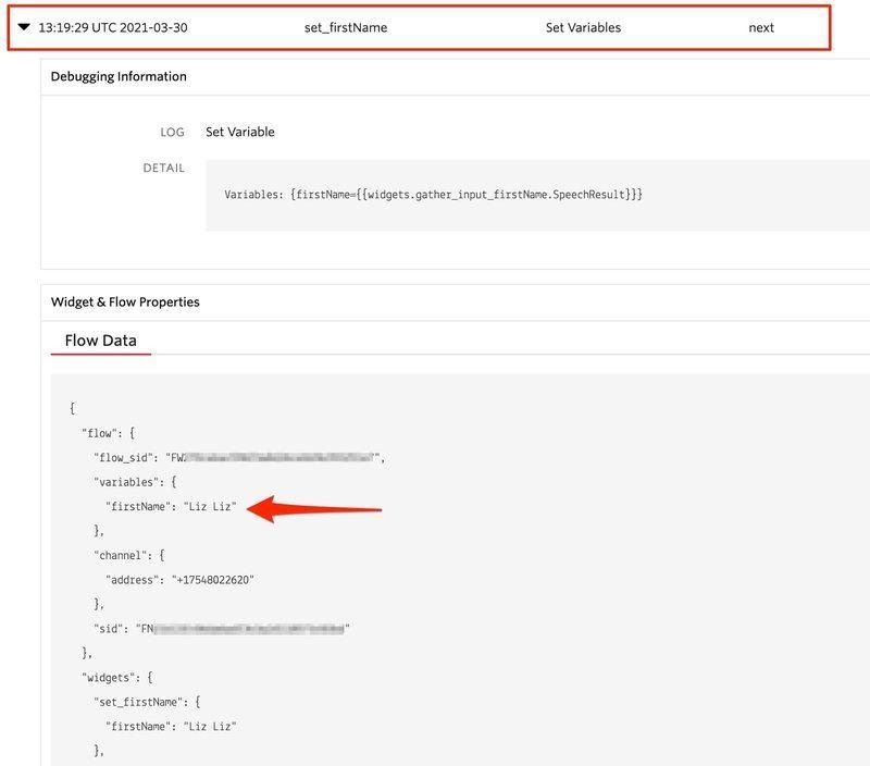 Imagem de uma parte aberta dos registros do Twilio Studio que mostra onde a variável firstName está definida