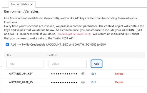 Como deve ser a configuração da variável de ambiente no serviço Twilio Serverless