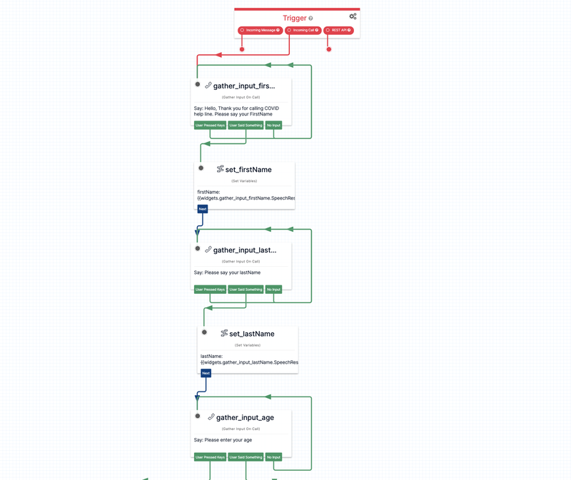 imagem da primeira parte do fluxo do Studio onde ele solicita o nome, o sobrenome e a idade do autor da chamada