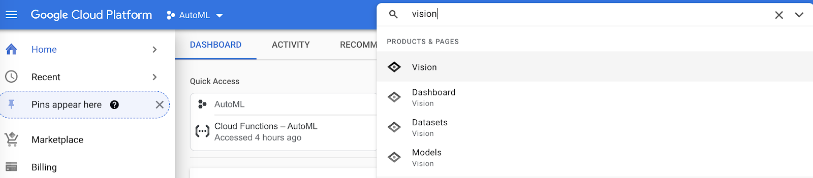 search "vision" in Google Cloud