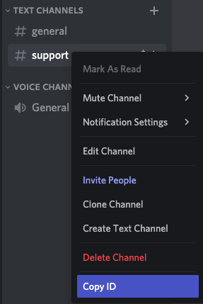 screenshot of Discord menu to copy and ID for a channel