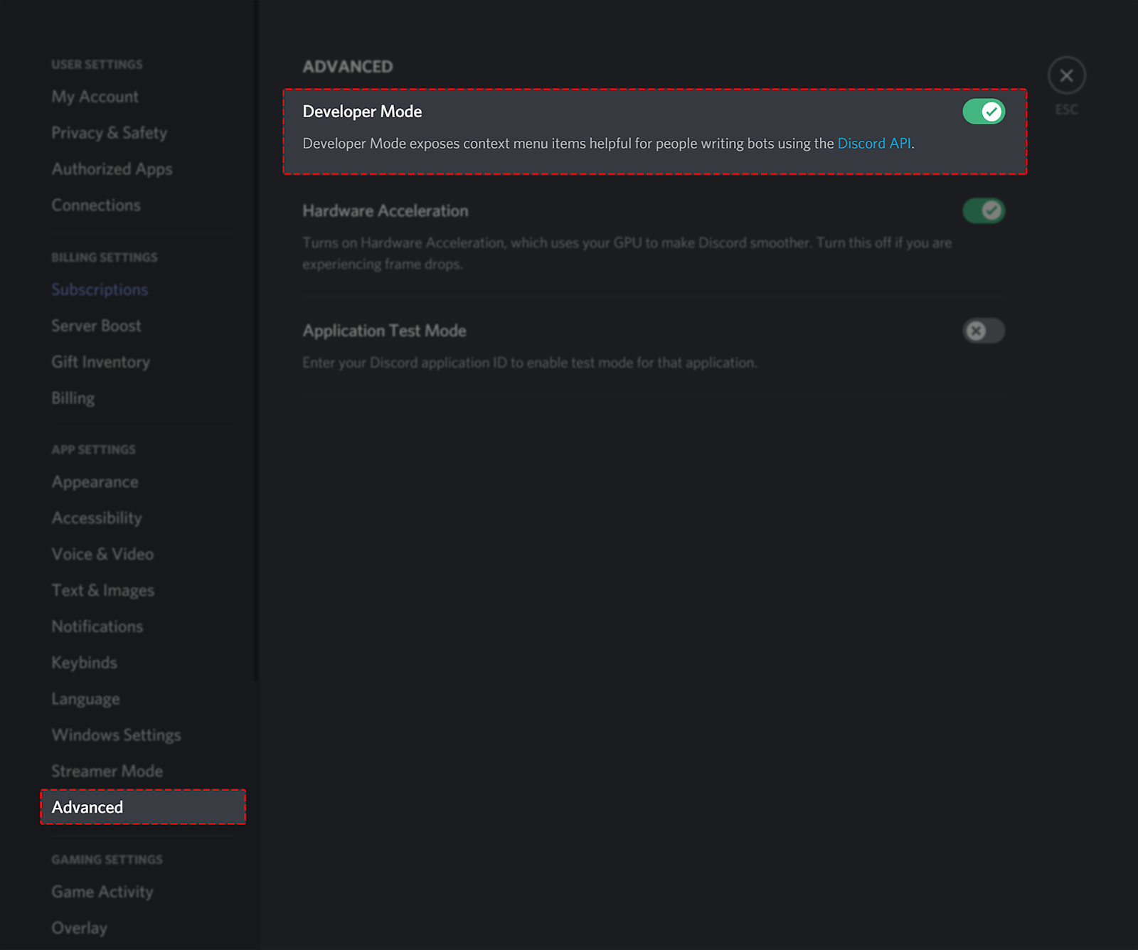 Screenshot of Discord Developer Mode Settings