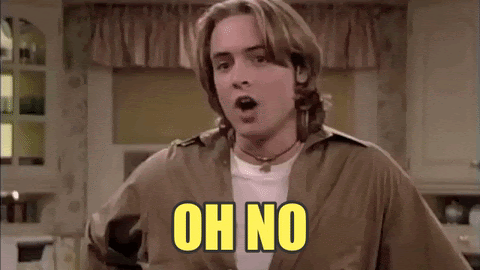 GIF of Eric Matthews, a character in the TV show Boy Meets World, with big yellow text that says "Oh no"