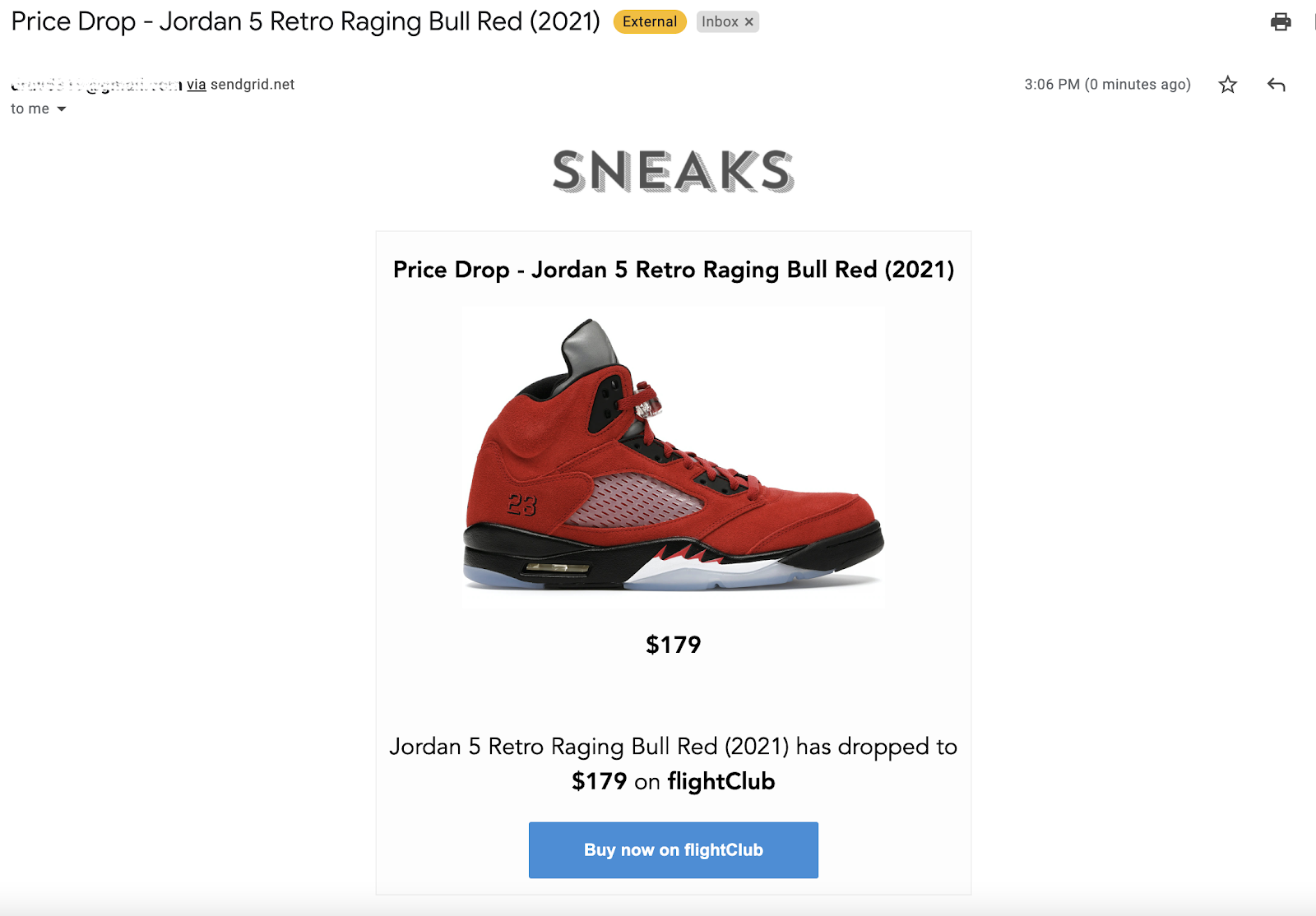 Image of a price drop email in the users inbox
