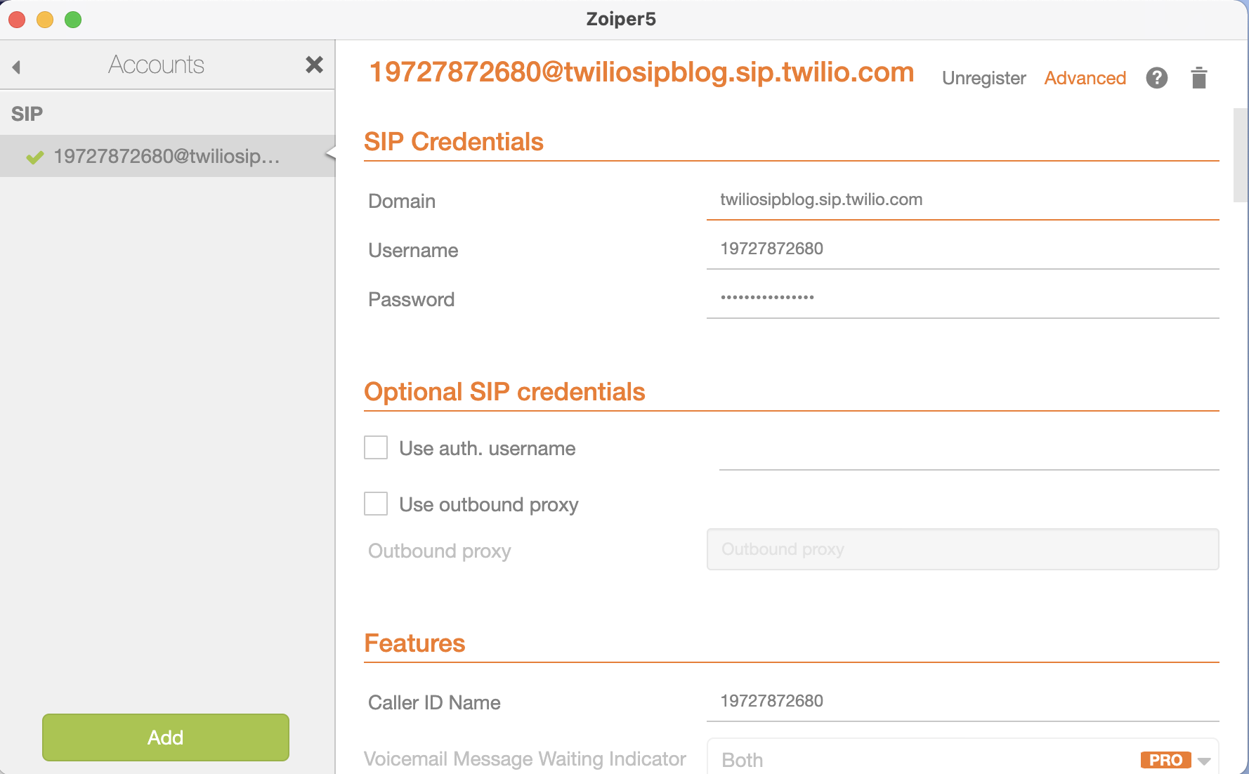 Update SIP credentials in Zoiper.