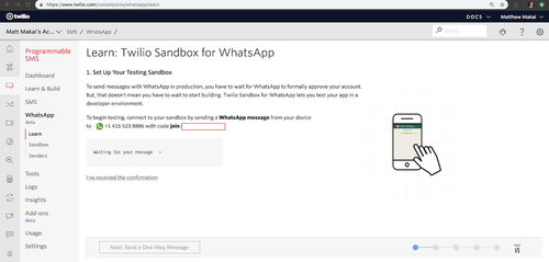 Captura de tela da sandbox da Twilio para WhatsApp