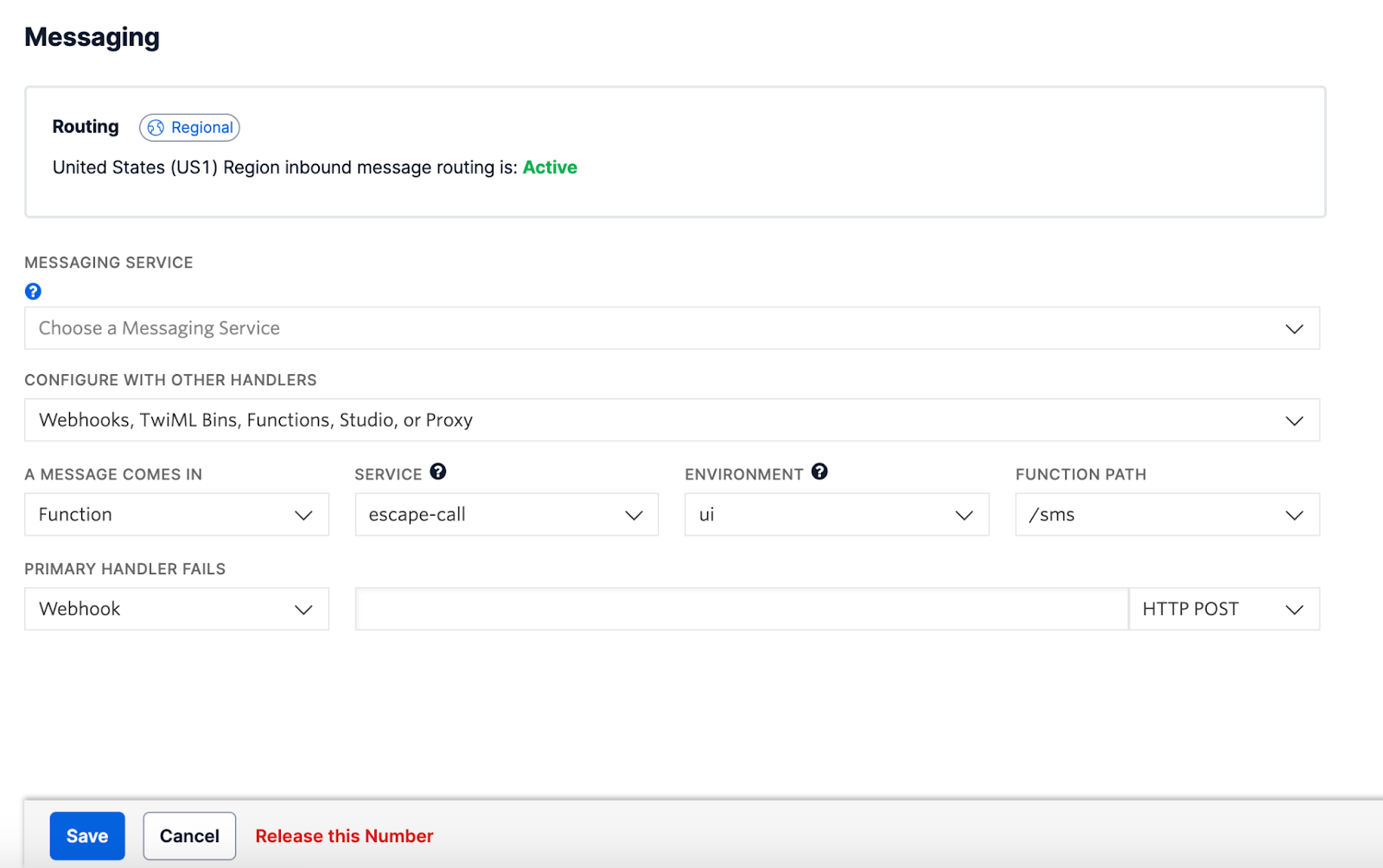 Messaging section of Twilio Number on Twilio Console