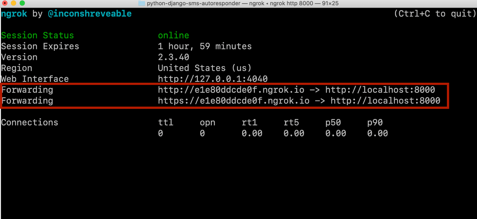 A screenshot of the CLI window in which ngrok is running. The forwarding URLs provided by ngrok are visible.