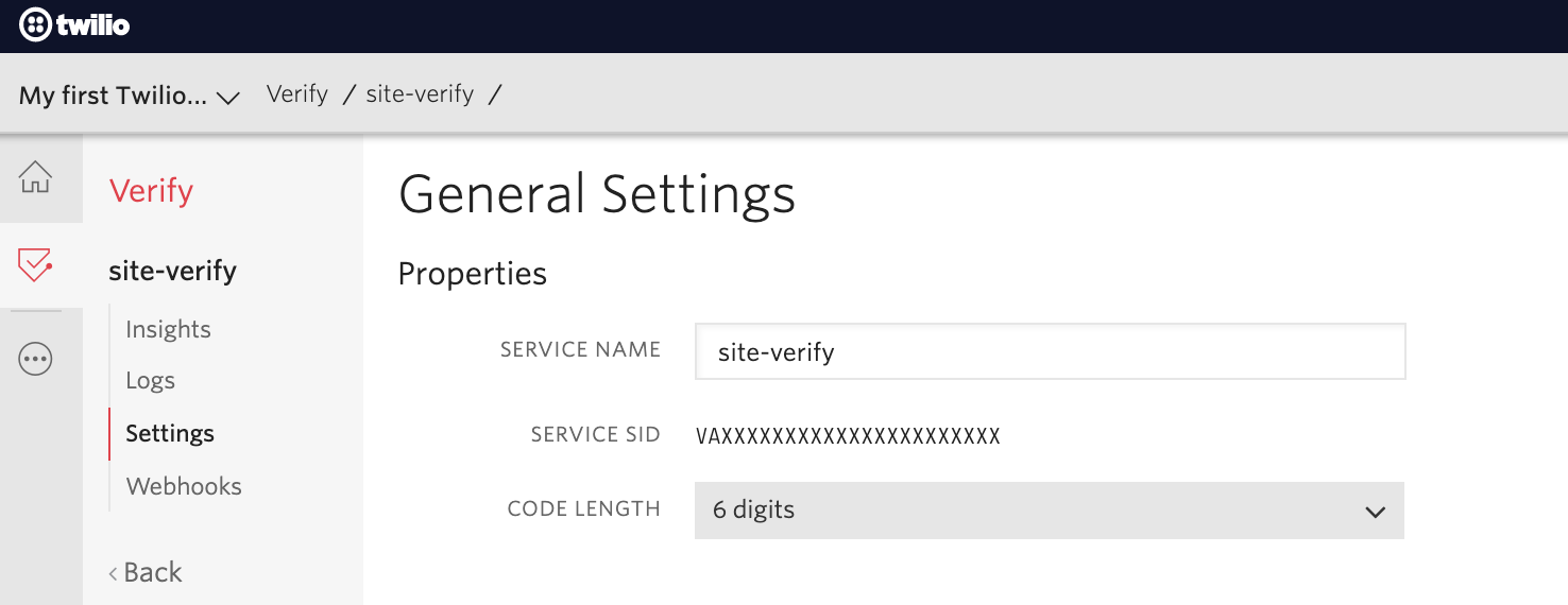 The general settings page of the Twilio Verify service named site-verify on the Twilio Console